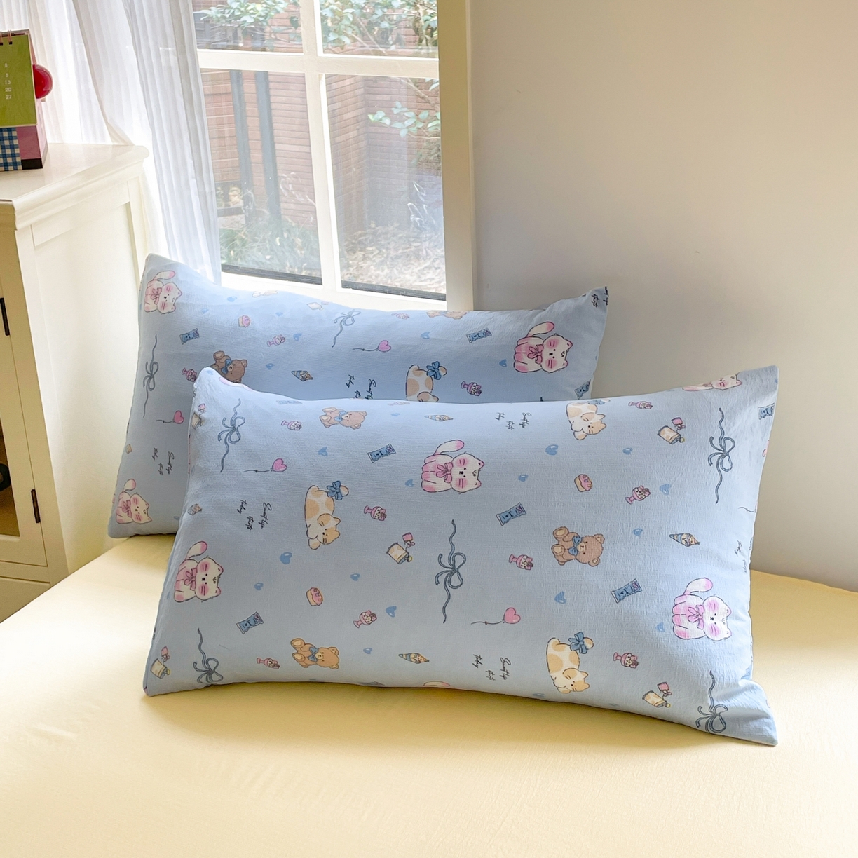 91家纺网 家纺一手货源 找家纺 铺尚美家纺 2025新款云感提花双层纱系列 小猫时光-蓝