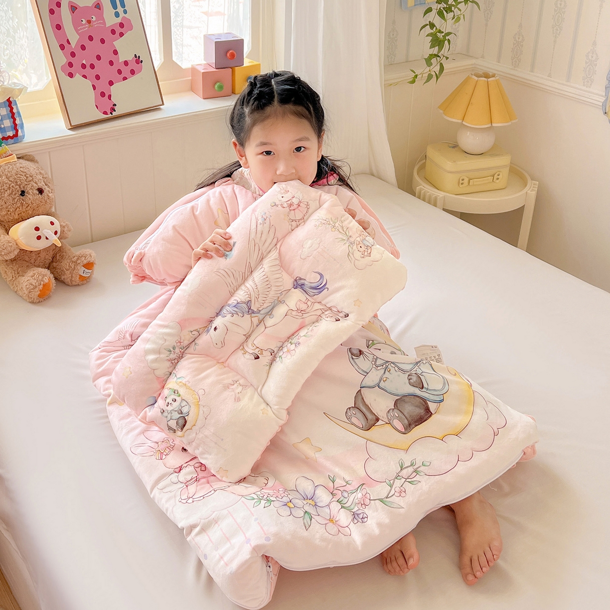 91家纺网 家纺一手货源 找家纺 沁童儿童用品店 2025新款小环抱MAX防踢被儿童被被子被芯 独角兽天马