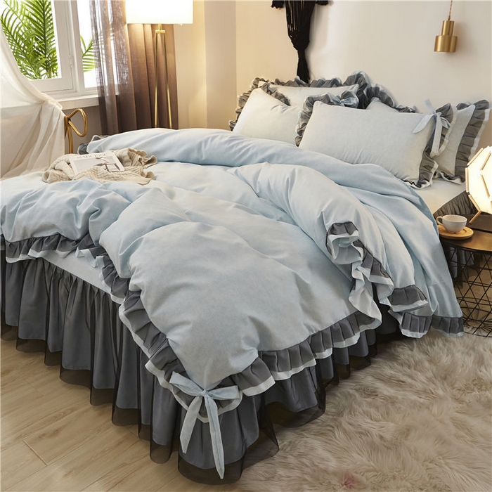 91家纺网 家纺一手货源 找家纺 （总）后庭寝室 2025新款纯色磨毛黑蕾丝四件套-秘密花园