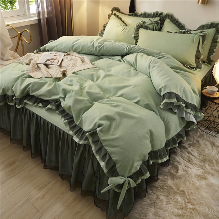 91家纺网 家纺一手货源 找家纺 后庭寝室 2025新款纯色磨毛黑蕾丝四件套-秘密花园 秘密花园-橄榄绿