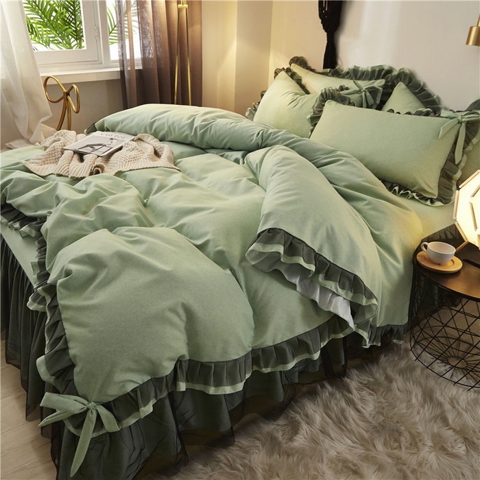 91家纺网 家纺一手货源 找家纺 后庭寝室 2025新款纯色磨毛黑蕾丝四件套-秘密花园 秘密花园-橄榄绿