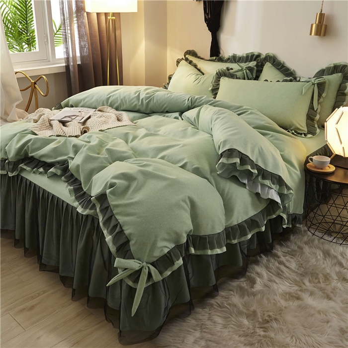 91家纺网 家纺一手货源 找家纺 后庭寝室 2025新款纯色磨毛黑蕾丝四件套-秘密花园 秘密花园-橄榄绿