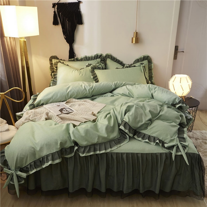 91家纺网 家纺一手货源 找家纺 后庭寝室 2025新款纯色磨毛黑蕾丝四件套-秘密花园 秘密花园-橄榄绿