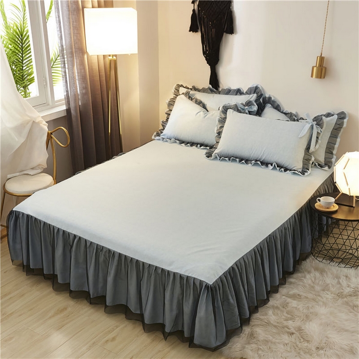 91家纺网 家纺一手货源 找家纺 后庭寝室 2025新款纯色磨毛黑蕾丝四件套-秘密花园 秘密花园-纳瓦拉蓝