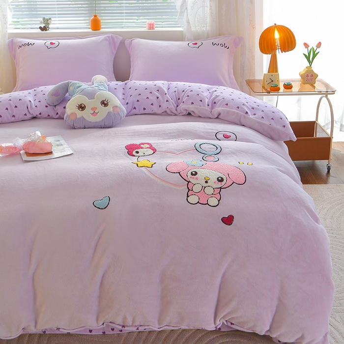 91家纺网 家纺一手货源 找家纺 美洲琳 2025新款卡通牛奶绒高克重四件套 可爱多-紫