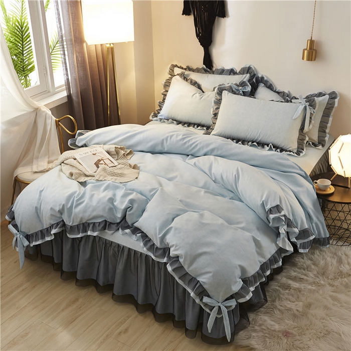 91家纺网 家纺一手货源 找家纺 后庭寝室 2025新款纯色磨毛黑蕾丝四件套-秘密花园 秘密花园-纳瓦拉蓝