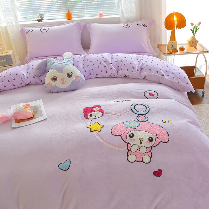 91家纺网 家纺一手货源 找家纺 美洲琳 2025新款卡通牛奶绒高克重四件套 可爱多-紫