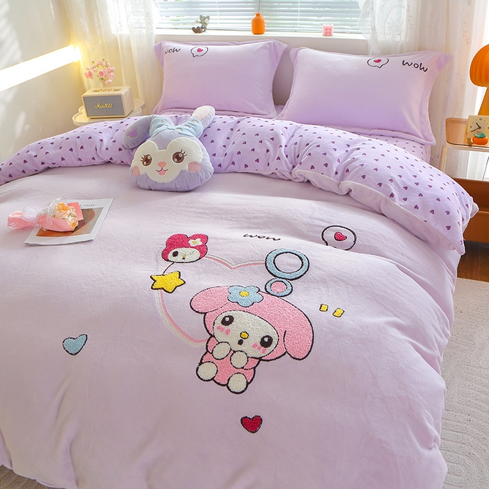 91家纺网 家纺一手货源 找家纺 美洲琳 2025新款卡通牛奶绒高克重四件套 可爱多-紫