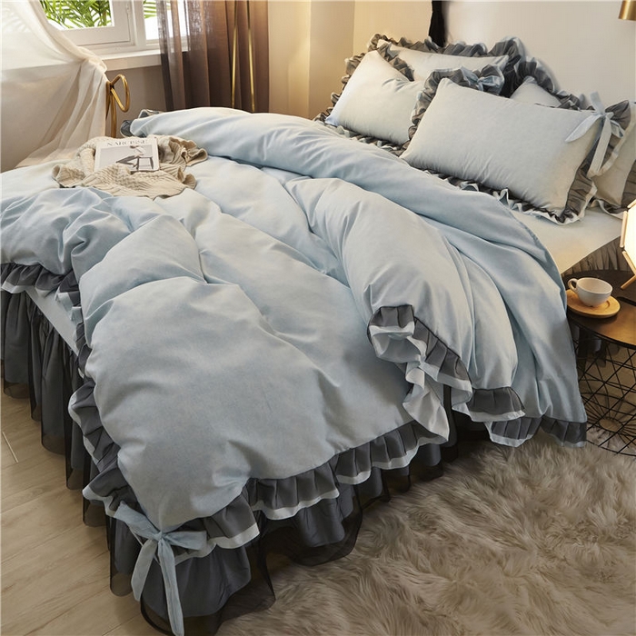 91家纺网 家纺一手货源 找家纺 后庭寝室 2025新款纯色磨毛黑蕾丝四件套-秘密花园 秘密花园-纳瓦拉蓝