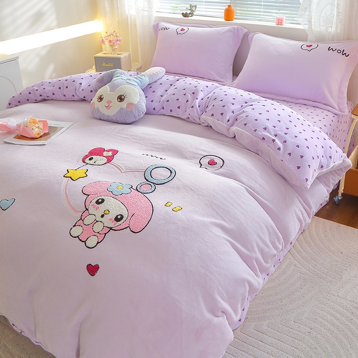 91家纺网 家纺一手货源 找家纺 美洲琳 2025新款卡通牛奶绒高克重四件套 可爱多-紫