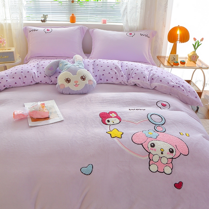 91家纺网 家纺一手货源 找家纺 美洲琳 2025新款卡通牛奶绒高克重四件套 可爱多-紫