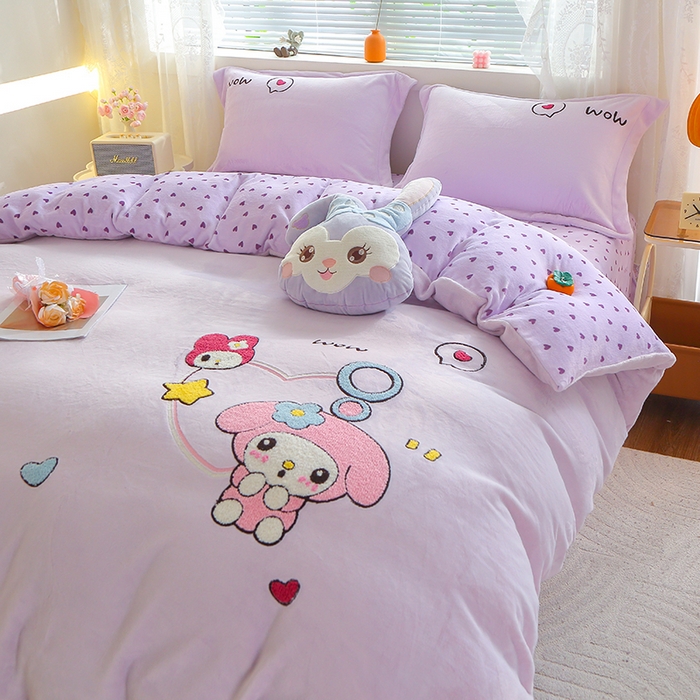 91家纺网 家纺一手货源 找家纺 美洲琳 2025新款卡通牛奶绒高克重四件套 可爱多-紫