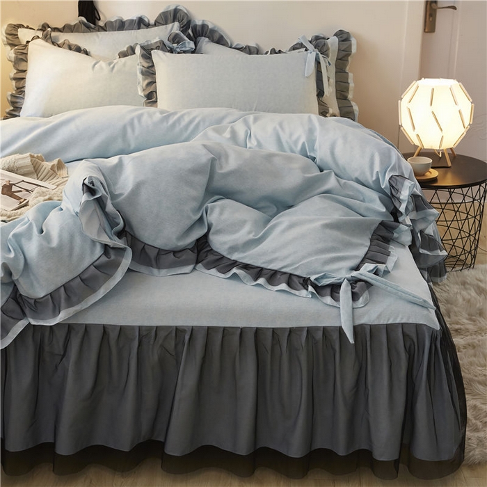 91家纺网 家纺一手货源 找家纺 后庭寝室 2025新款纯色磨毛黑蕾丝四件套-秘密花园 秘密花园-纳瓦拉蓝