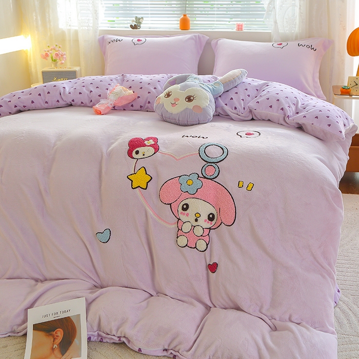 91家纺网 家纺一手货源 找家纺 美洲琳 2025新款卡通牛奶绒高克重四件套 可爱多-紫