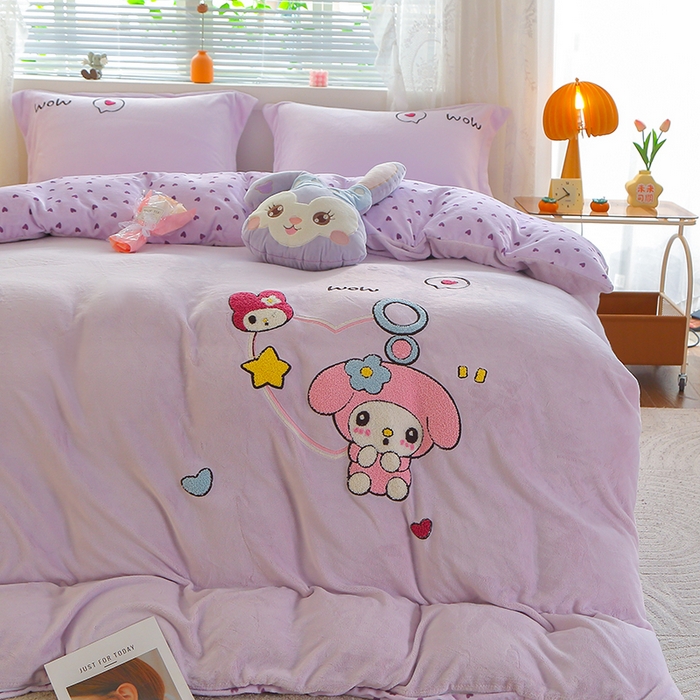 91家纺网 家纺一手货源 找家纺 美洲琳 2025新款卡通牛奶绒高克重四件套 可爱多-紫