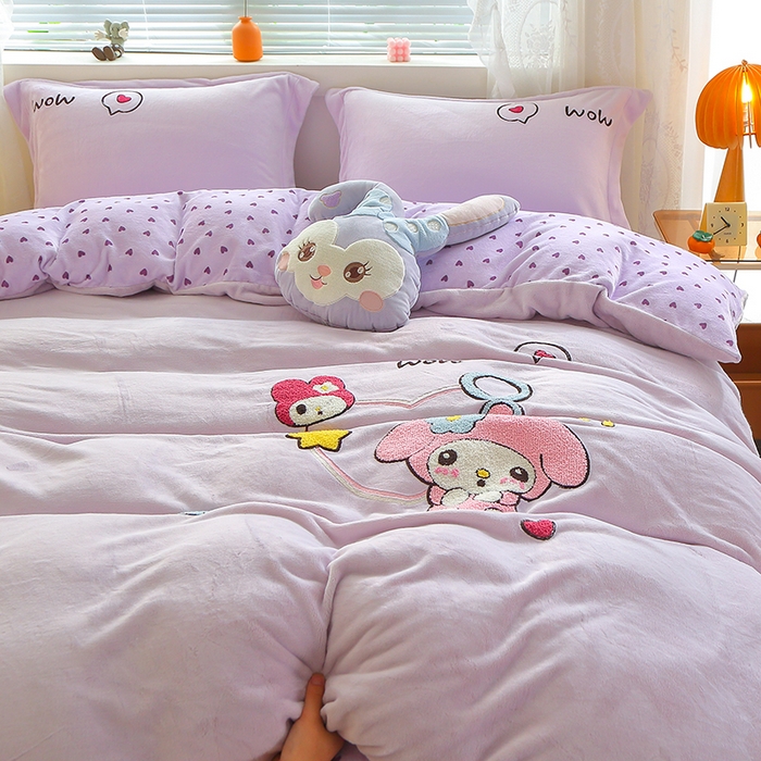 91家纺网 家纺一手货源 找家纺 美洲琳 2025新款卡通牛奶绒高克重四件套 可爱多-紫