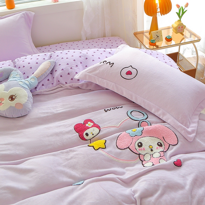 91家纺网 家纺一手货源 找家纺 美洲琳 2025新款卡通牛奶绒高克重四件套 可爱多-紫