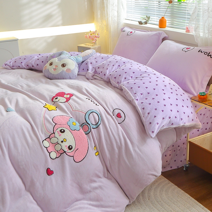 91家纺网 家纺一手货源 找家纺 美洲琳 2025新款卡通牛奶绒高克重四件套 可爱多-紫