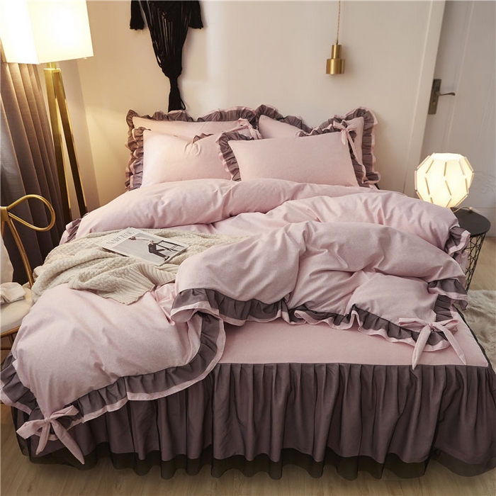 91家纺网 家纺一手货源 找家纺 后庭寝室 2025新款纯色磨毛黑蕾丝四件套-秘密花园 秘密花园-藕荷玉