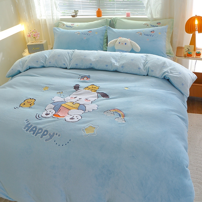 91家纺网 家纺一手货源 找家纺 美洲琳 2025新款卡通牛奶绒高克重四件套 奶茶-湖兰