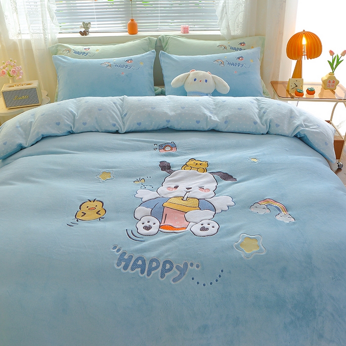 91家纺网 家纺一手货源 找家纺 美洲琳 2025新款卡通牛奶绒高克重四件套 奶茶-湖兰