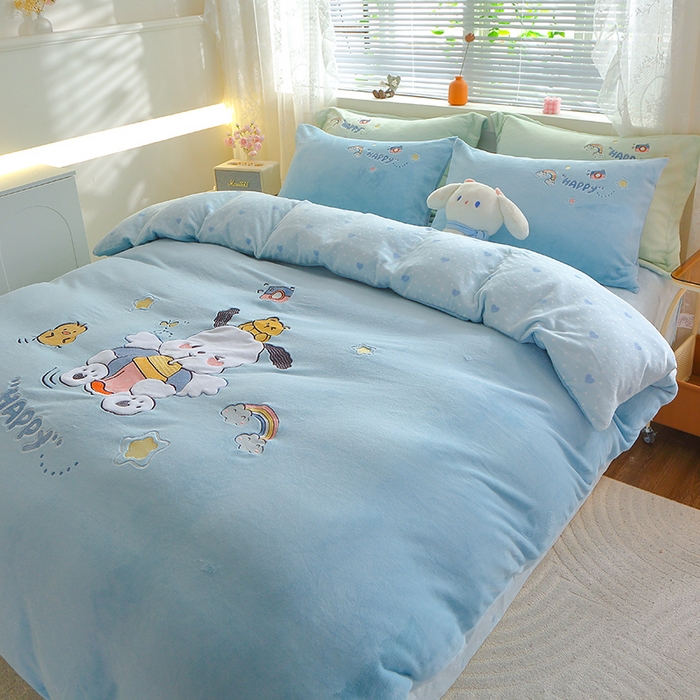 91家纺网 家纺一手货源 找家纺 美洲琳 2025新款卡通牛奶绒高克重四件套 奶茶-湖兰