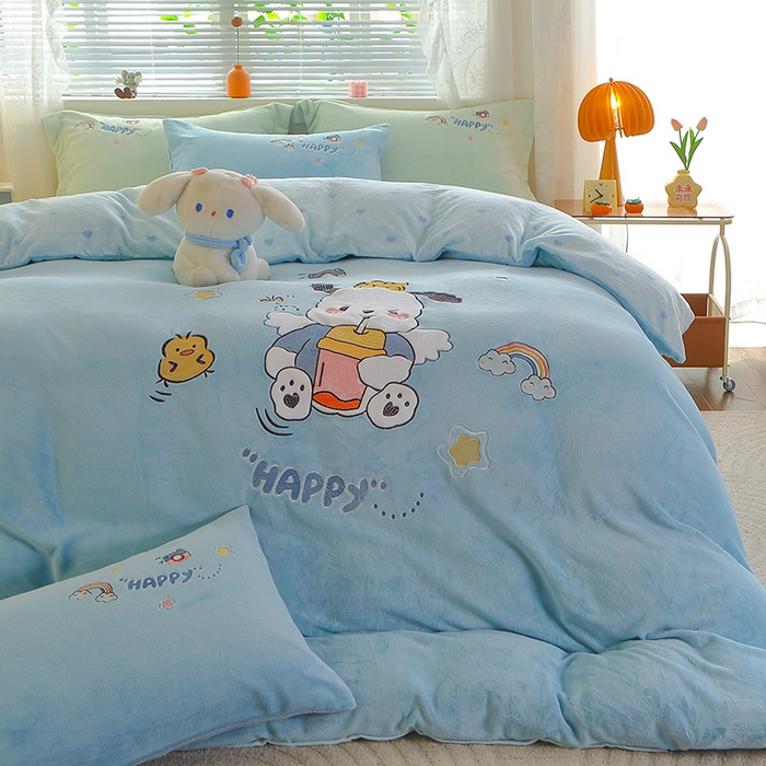 91家纺网 家纺一手货源 找家纺 美洲琳 2025新款卡通牛奶绒高克重四件套 奶茶-湖兰