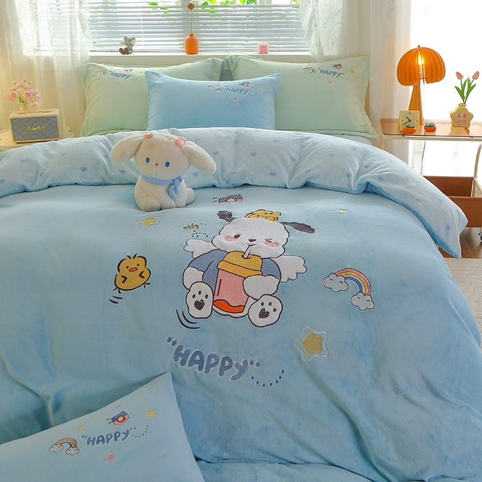 91家纺网 家纺一手货源 找家纺 美洲琳 2025新款卡通牛奶绒高克重四件套 奶茶-湖兰