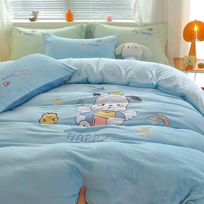 91家纺网 家纺一手货源 找家纺 美洲琳 2025新款卡通牛奶绒高克重四件套 奶茶-湖兰