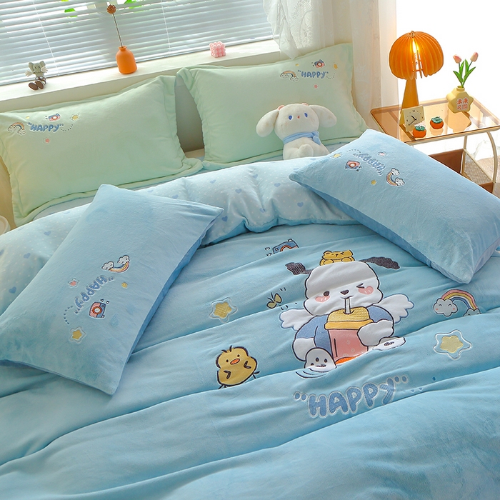 91家纺网 家纺一手货源 找家纺 美洲琳 2025新款卡通牛奶绒高克重四件套 奶茶-湖兰