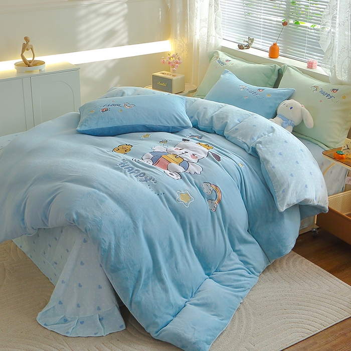 91家纺网 家纺一手货源 找家纺 美洲琳 2025新款卡通牛奶绒高克重四件套 奶茶-湖兰