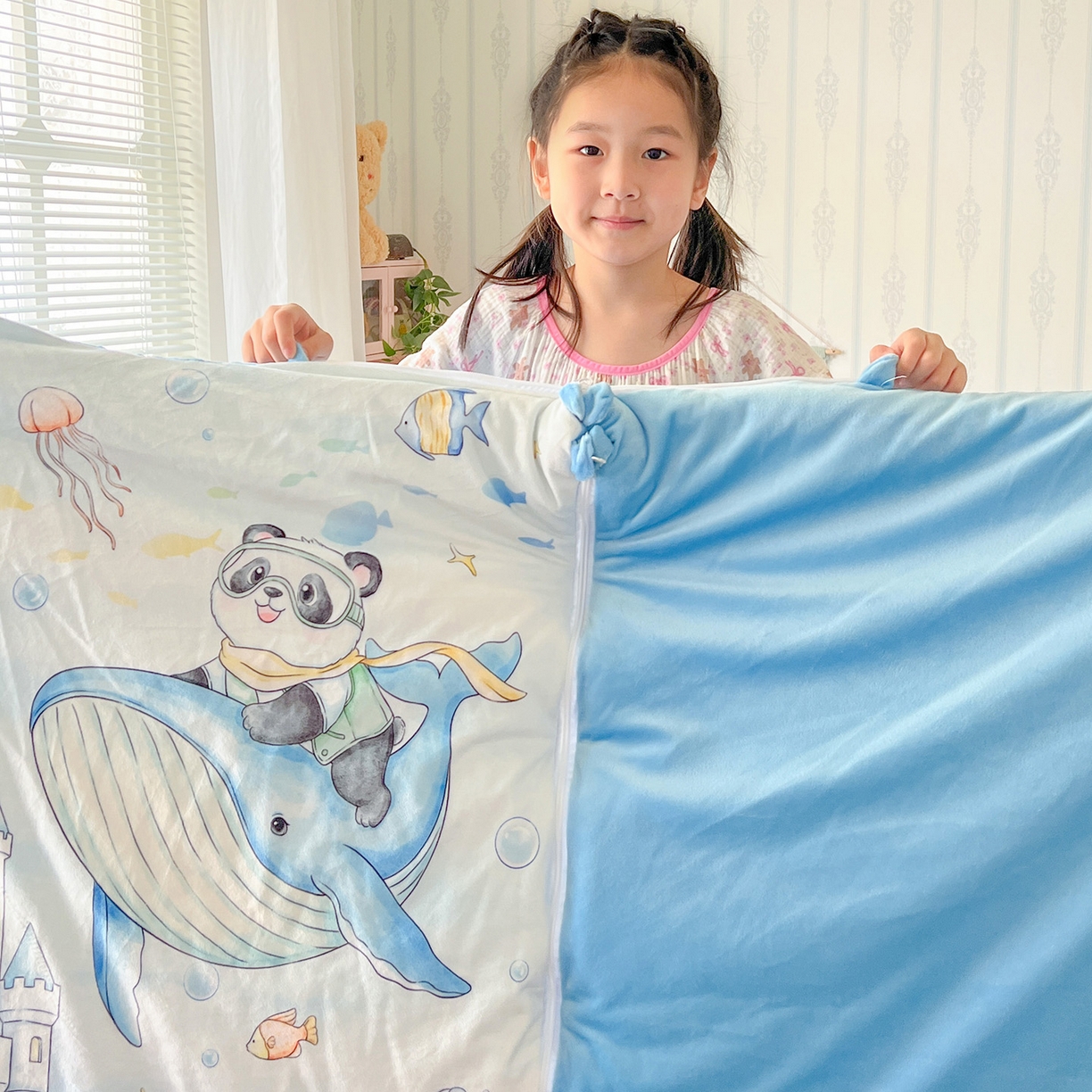 91家纺网 家纺一手货源 找家纺 沁童儿童用品店 2025新款小环抱MAX防踢被儿童被被子被芯 海底