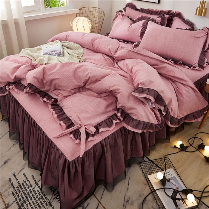 91家纺网 家纺一手货源 找家纺 后庭寝室 2025新款纯色磨毛黑蕾丝四件套-秘密花园 秘密花园-日珥红