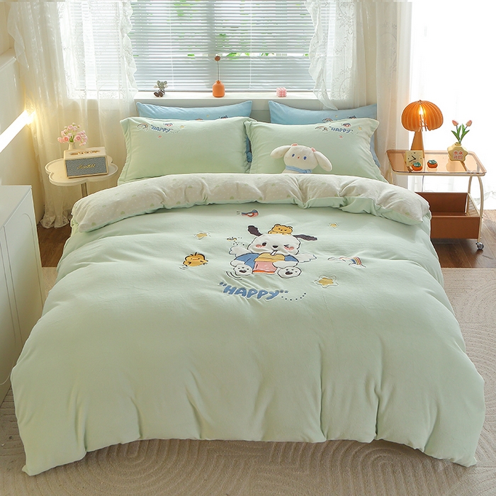 美洲琳 2025新款卡通牛奶绒高克重四件套 奶茶-水绿