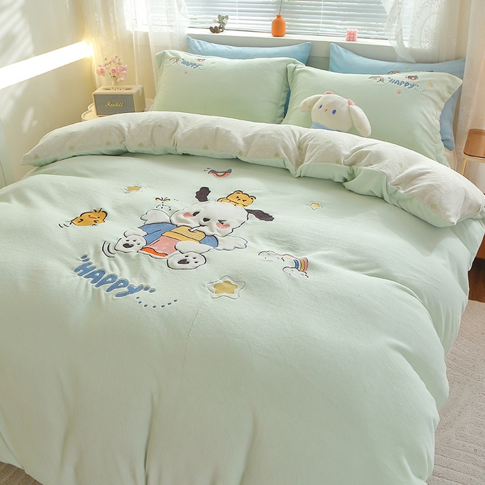 91家纺网 家纺一手货源 找家纺 美洲琳 2025新款卡通牛奶绒高克重四件套 奶茶-水绿