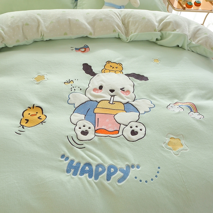 91家纺网 家纺一手货源 找家纺 美洲琳 2025新款卡通牛奶绒高克重四件套 奶茶-水绿