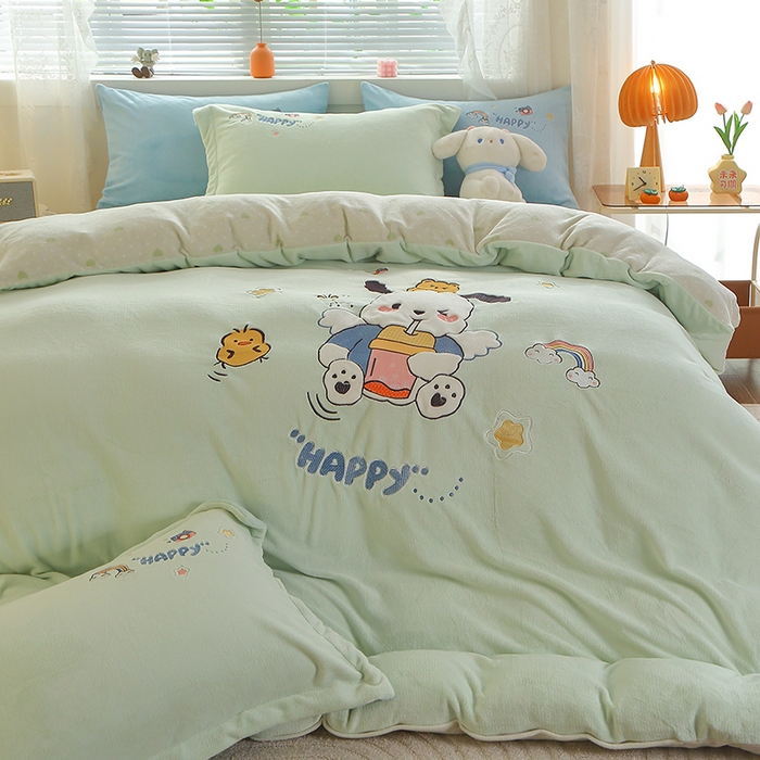 91家纺网 家纺一手货源 找家纺 美洲琳 2025新款卡通牛奶绒高克重四件套 奶茶-水绿