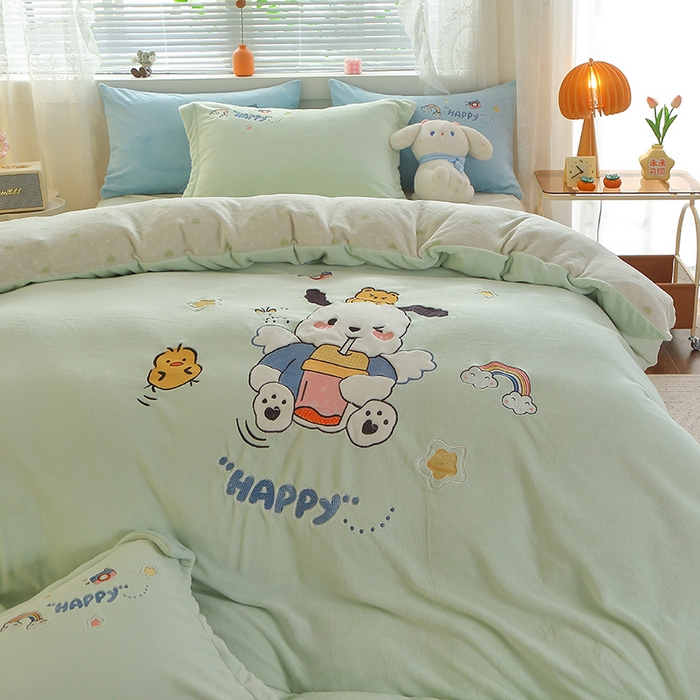 91家纺网 家纺一手货源 找家纺 美洲琳 2025新款卡通牛奶绒高克重四件套 奶茶-水绿