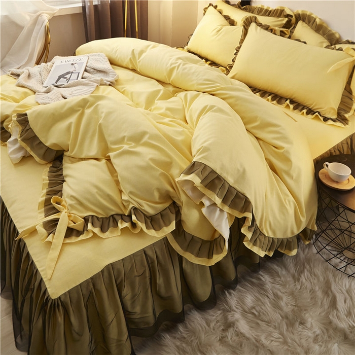 91家纺网 家纺一手货源 找家纺 后庭寝室 2025新款纯色磨毛黑蕾丝四件套-秘密花园 秘密花园-闪耀黄