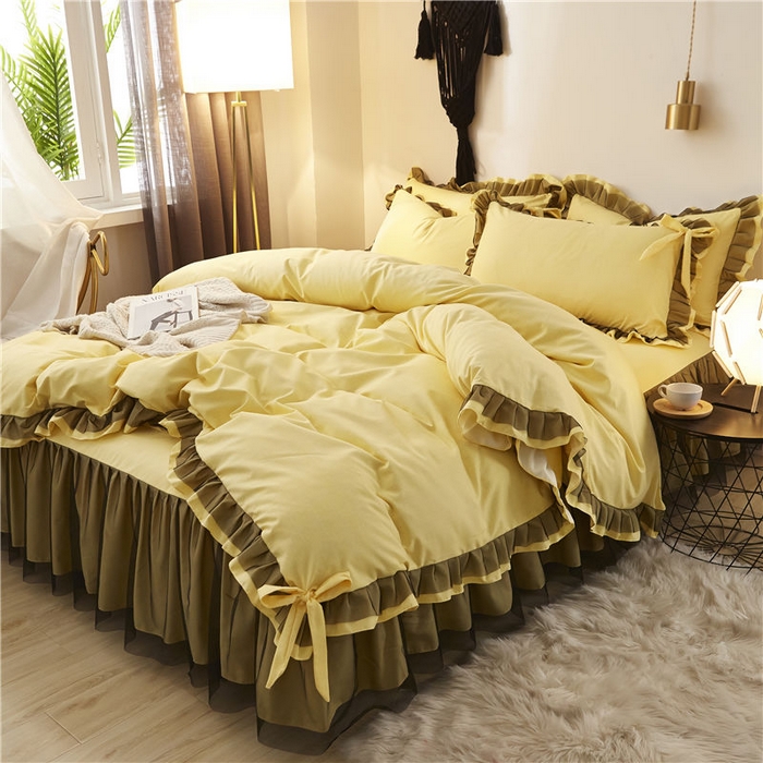 91家纺网 家纺一手货源 找家纺 后庭寝室 2025新款纯色磨毛黑蕾丝四件套-秘密花园 秘密花园-闪耀黄