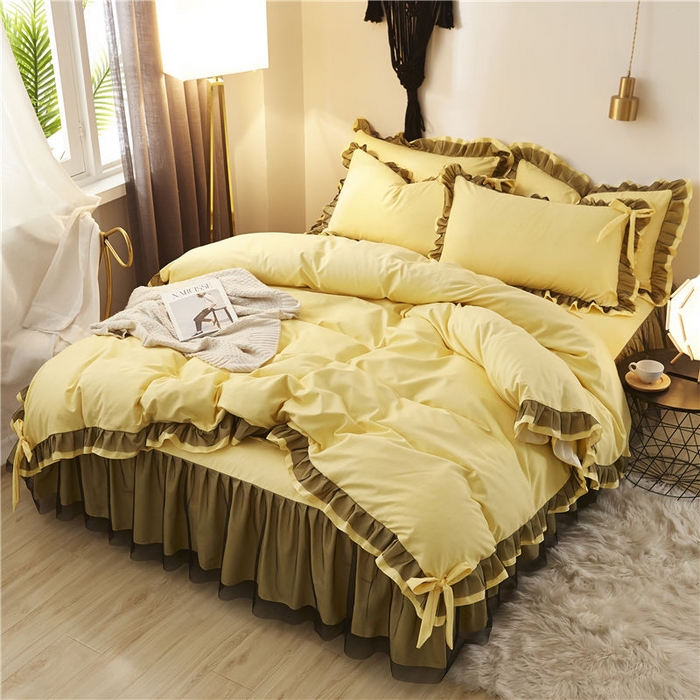 91家纺网 家纺一手货源 找家纺 后庭寝室 2025新款纯色磨毛黑蕾丝四件套-秘密花园 秘密花园-闪耀黄