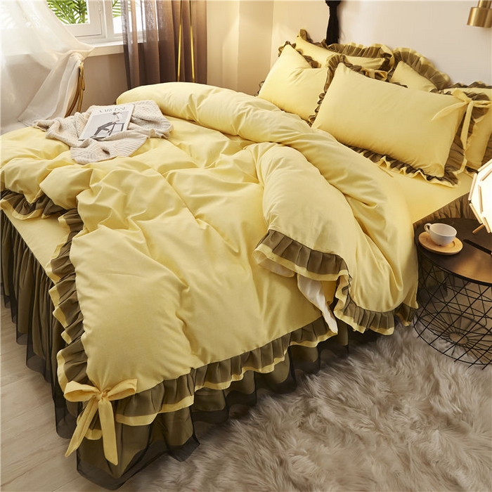 91家纺网 家纺一手货源 找家纺 后庭寝室 2025新款纯色磨毛黑蕾丝四件套-秘密花园 秘密花园-闪耀黄