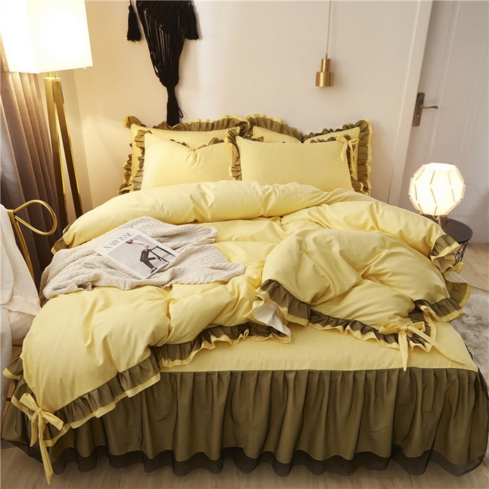 91家纺网 家纺一手货源 找家纺 后庭寝室 2025新款纯色磨毛黑蕾丝四件套-秘密花园 秘密花园-闪耀黄