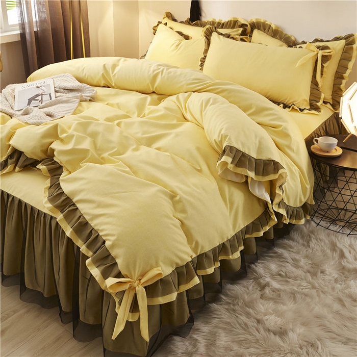 91家纺网 家纺一手货源 找家纺 后庭寝室 2025新款纯色磨毛黑蕾丝四件套-秘密花园 秘密花园-闪耀黄