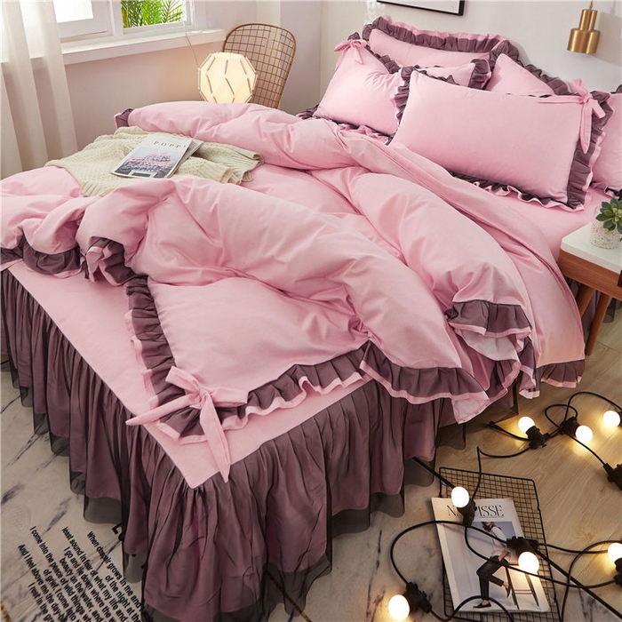 91家纺网 家纺一手货源 找家纺 后庭寝室 2025新款纯色磨毛黑蕾丝四件套-秘密花园 秘密花园-少女粉