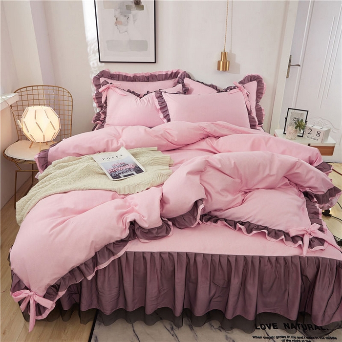 91家纺网 家纺一手货源 找家纺 后庭寝室 2025新款纯色磨毛黑蕾丝四件套-秘密花园 秘密花园-少女粉