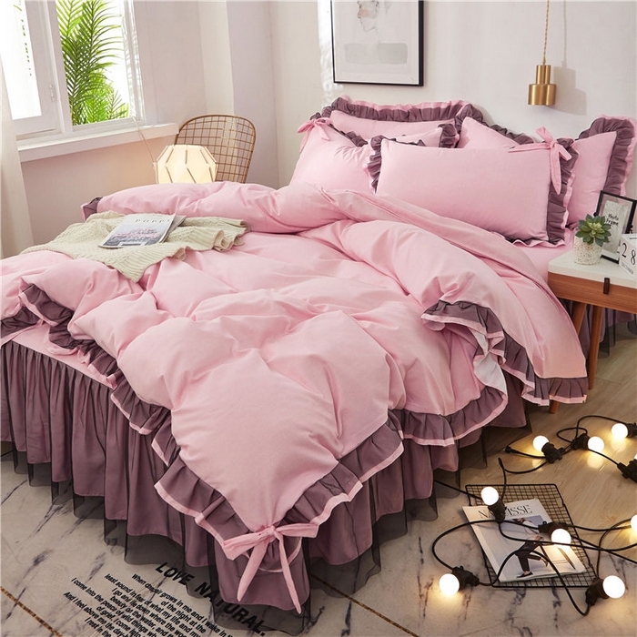 91家纺网 家纺一手货源 找家纺 后庭寝室 2025新款纯色磨毛黑蕾丝四件套-秘密花园 秘密花园-少女粉