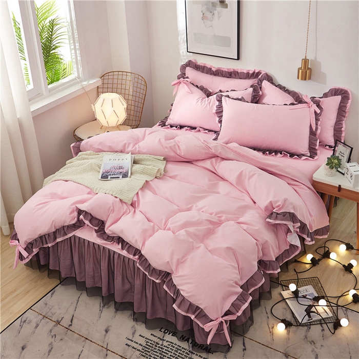 91家纺网 家纺一手货源 找家纺 后庭寝室 2025新款纯色磨毛黑蕾丝四件套-秘密花园 秘密花园-少女粉