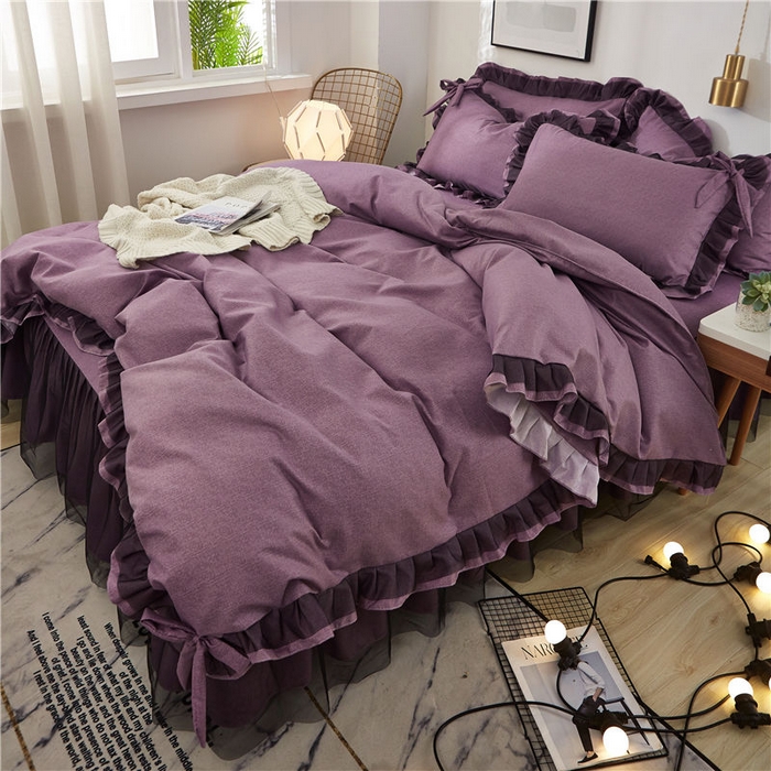 91家纺网 家纺一手货源 找家纺 后庭寝室 2025新款纯色磨毛黑蕾丝四件套-秘密花园 秘密花园-温莎紫