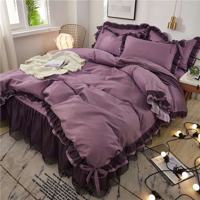 91家纺网 家纺一手货源 找家纺 后庭寝室 2025新款纯色磨毛黑蕾丝四件套-秘密花园 秘密花园-温莎紫